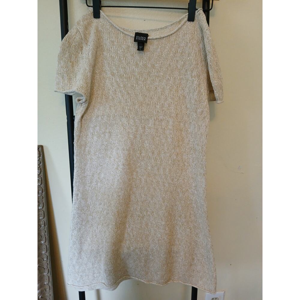 EILEEN FISHER Knit Cap Sleeve Beige 100% Linen Made in India Top S